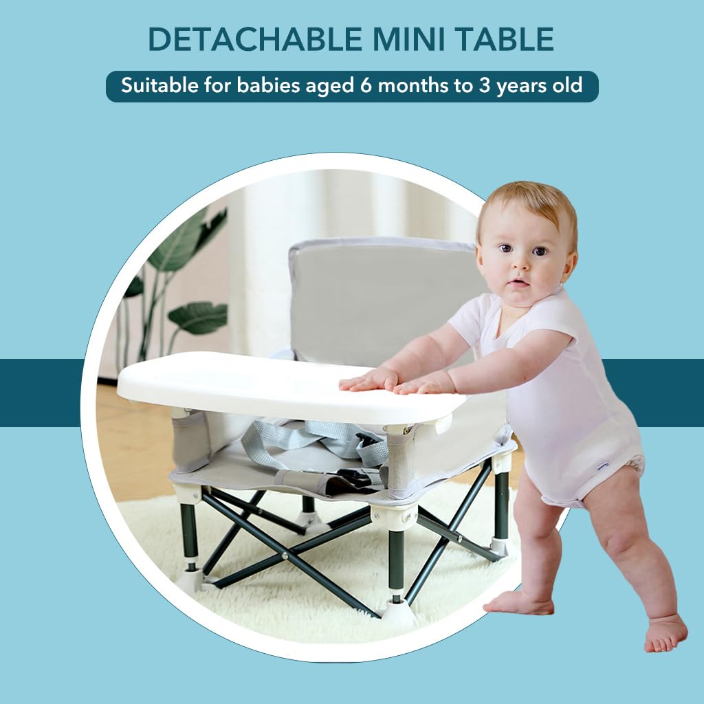 SNOWIE SOFT Folding Booster Seat for Baby Feeding with Detachable Table & Aluminum Frame | 12.2×12.2×14.5 in Portable Chair for Toddlers 6–36 Months
