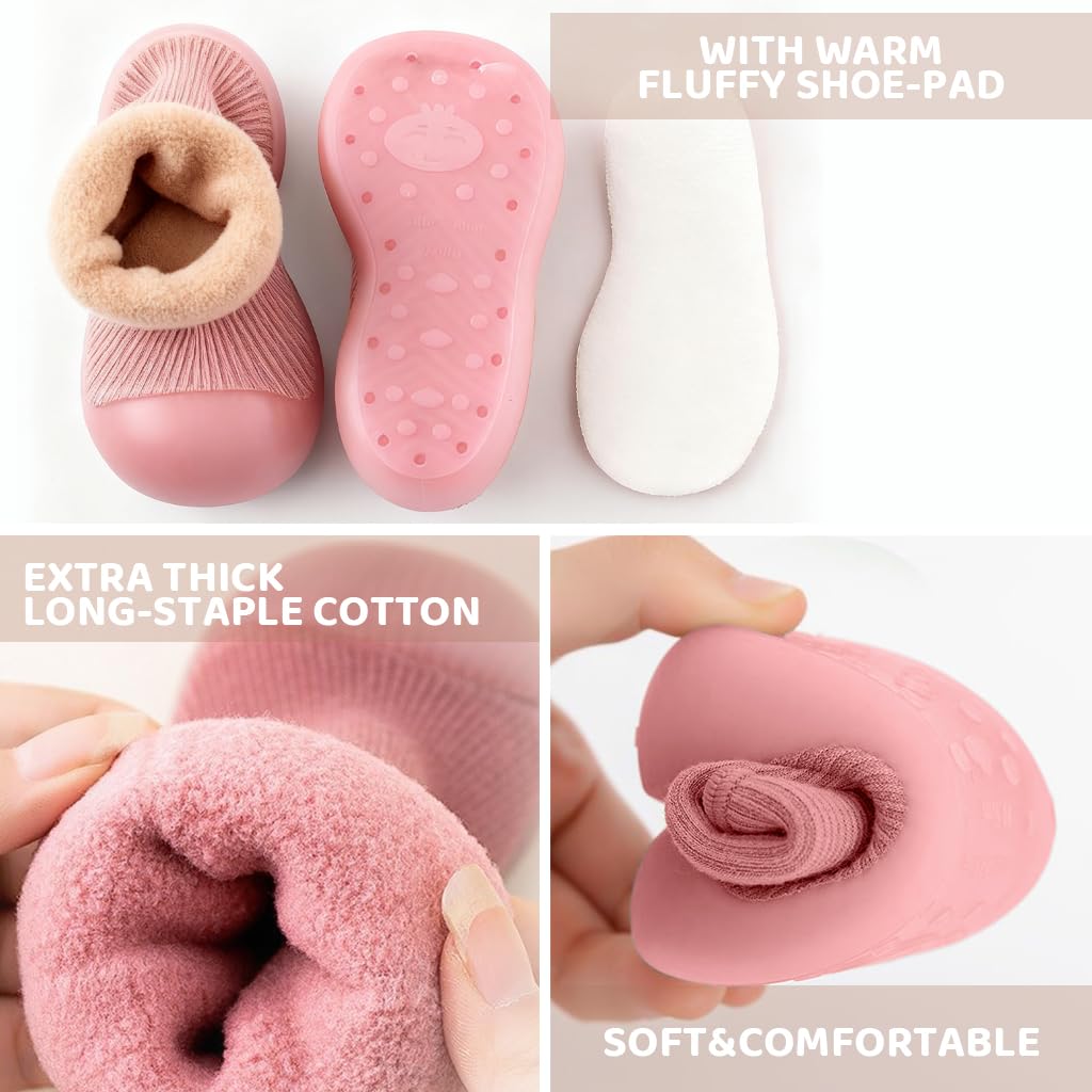 SNOWIE SOFT Winter Baby Shoes for First Walkers with Anti‑Skid Rubber Sole and Plush Liner 11.5 cm | Warm Pink Toddler Socks