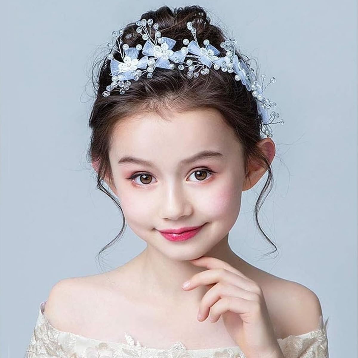 SANNIDHI Flower Tiara for Girls featuring White Lace Bow and Mesh Design | Elegant Hairband