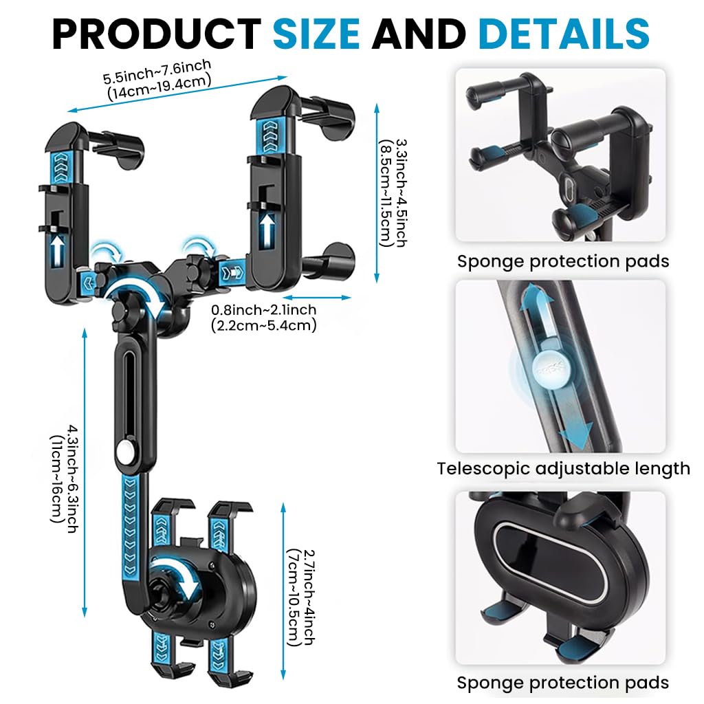 STHIRA Rearview Mirror Phone Holder for Car with 360° Rotation and 4-Claw Grip | Retractable Arm