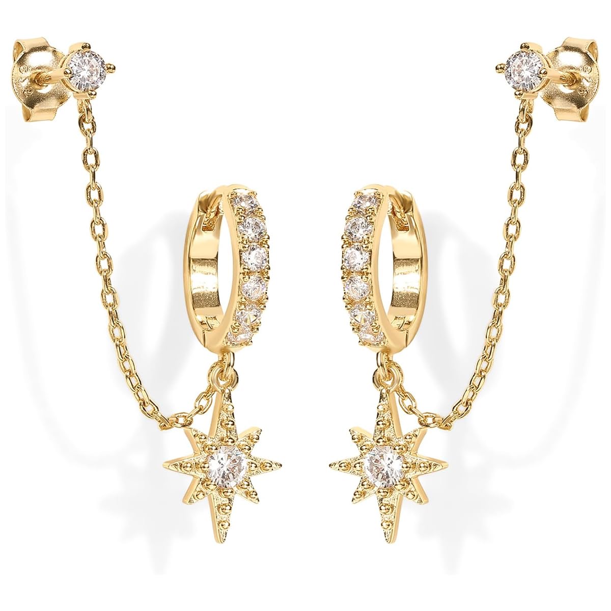 SANNIDHI Earrings for Women featuring 8-Pointed Star Pendants and Dangle Chain Design | Gold Plated Copper Stud Hoop Style