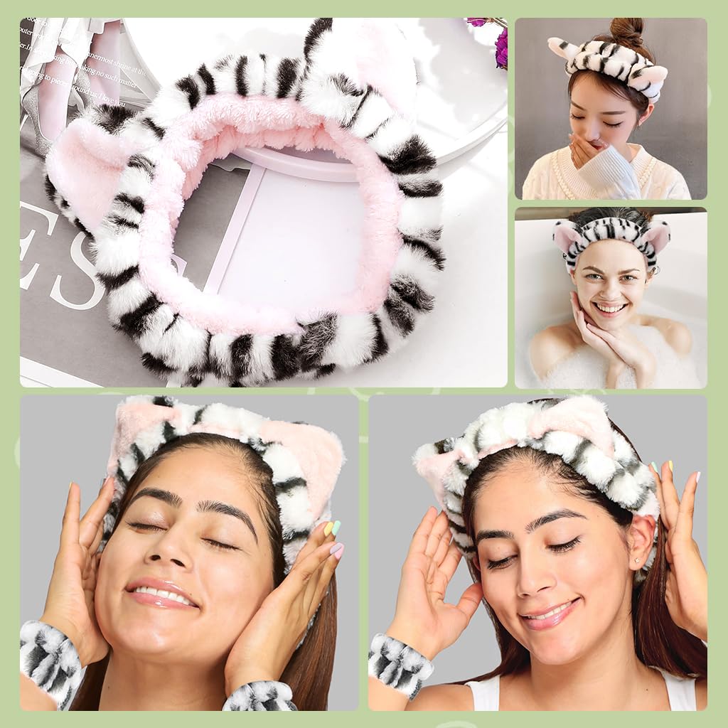 MAYCREATE Spa Headband Set for Women with Cute Cat Ears and 3pcs Flannel Wristbands | Ideal for Face Washing and Makeup Routines