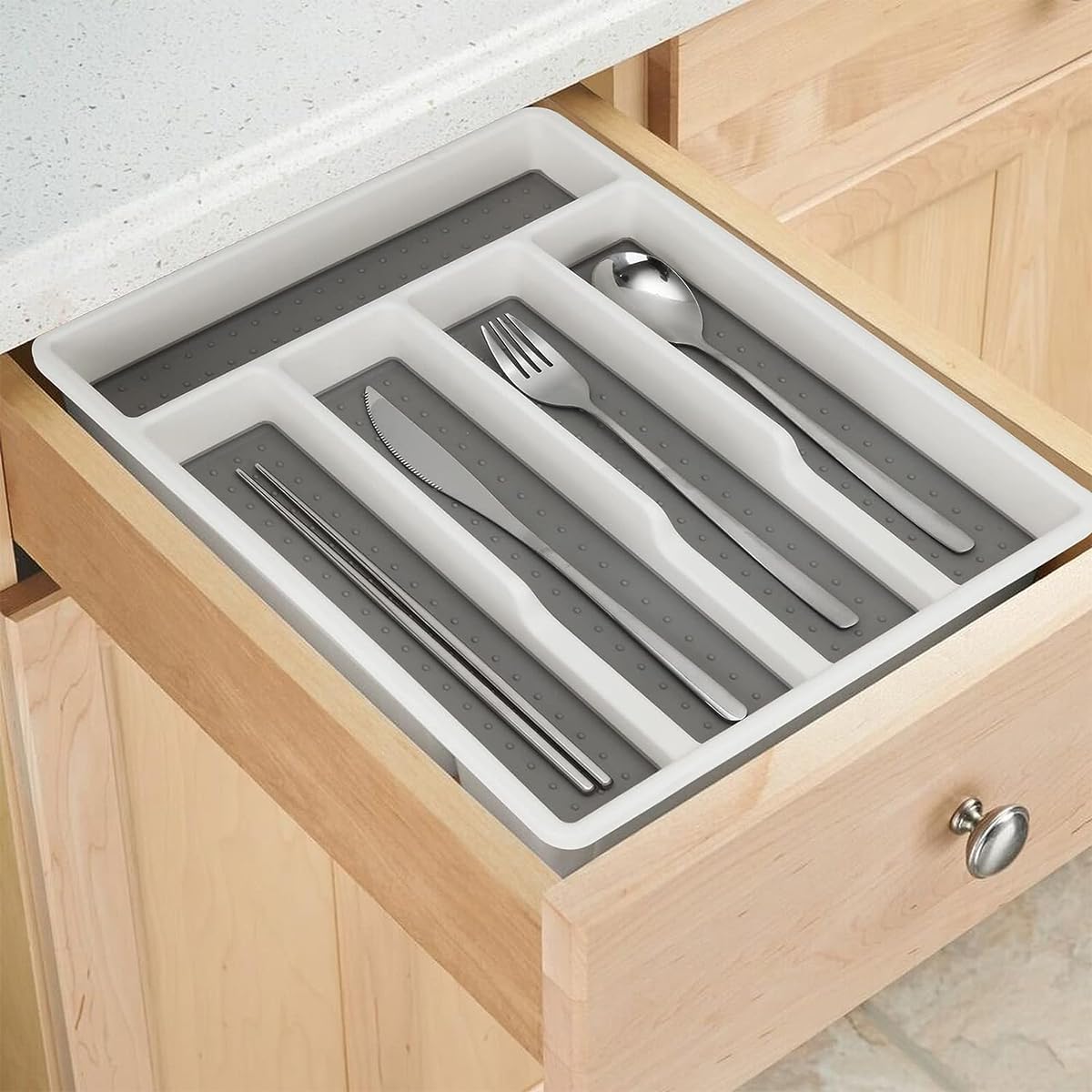 HASTHIP® Plastic Cutlery Tray for Kitchen Drawer Silverware Organizer with Non-slip TPR 5 Separate Compartments for Utensils Organization White, Sturdy and BPA-Free