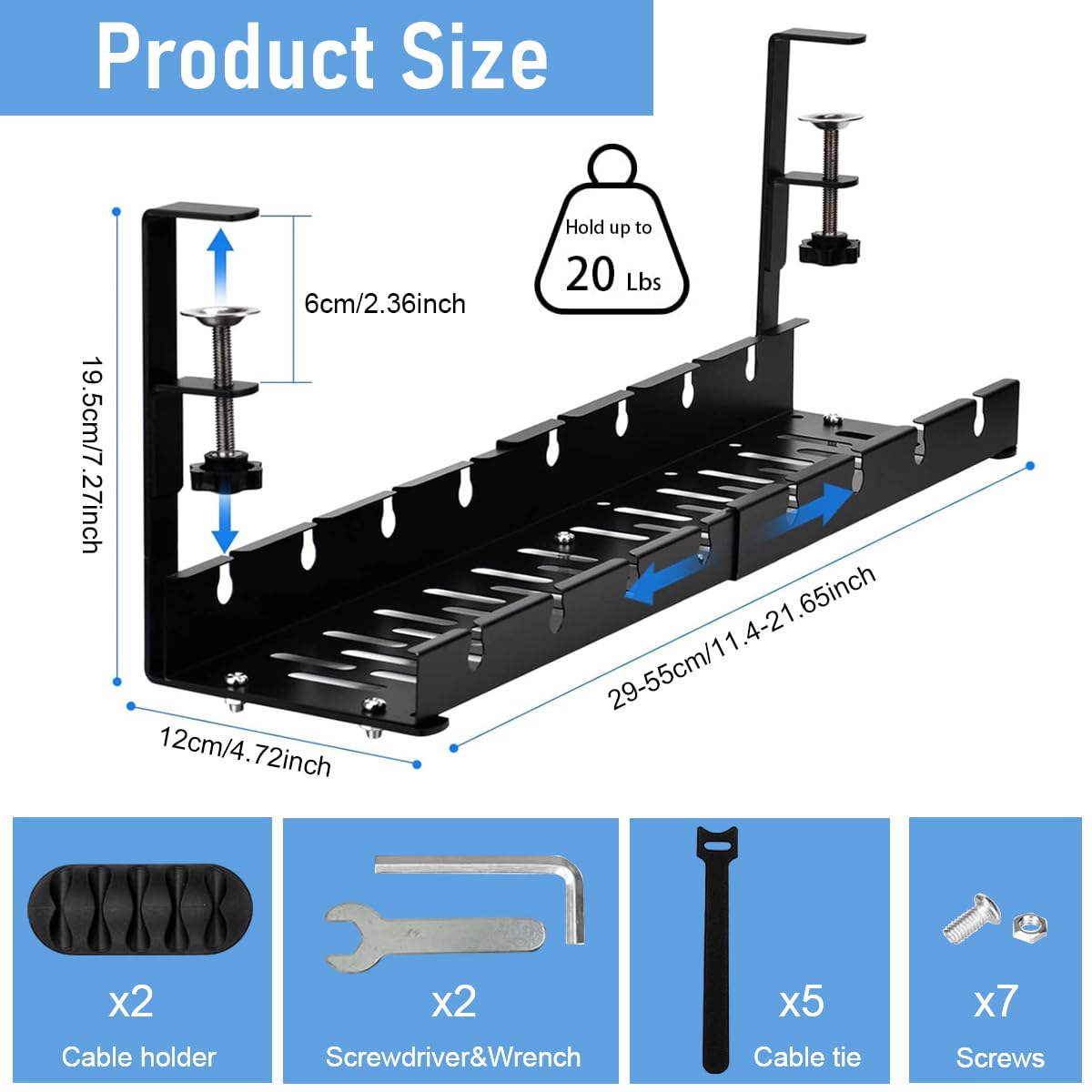 OFIFO Under Desk Cable Organizer for Workspaces with 28.5–55 cm Retractable Tray | Carbon Steel Build