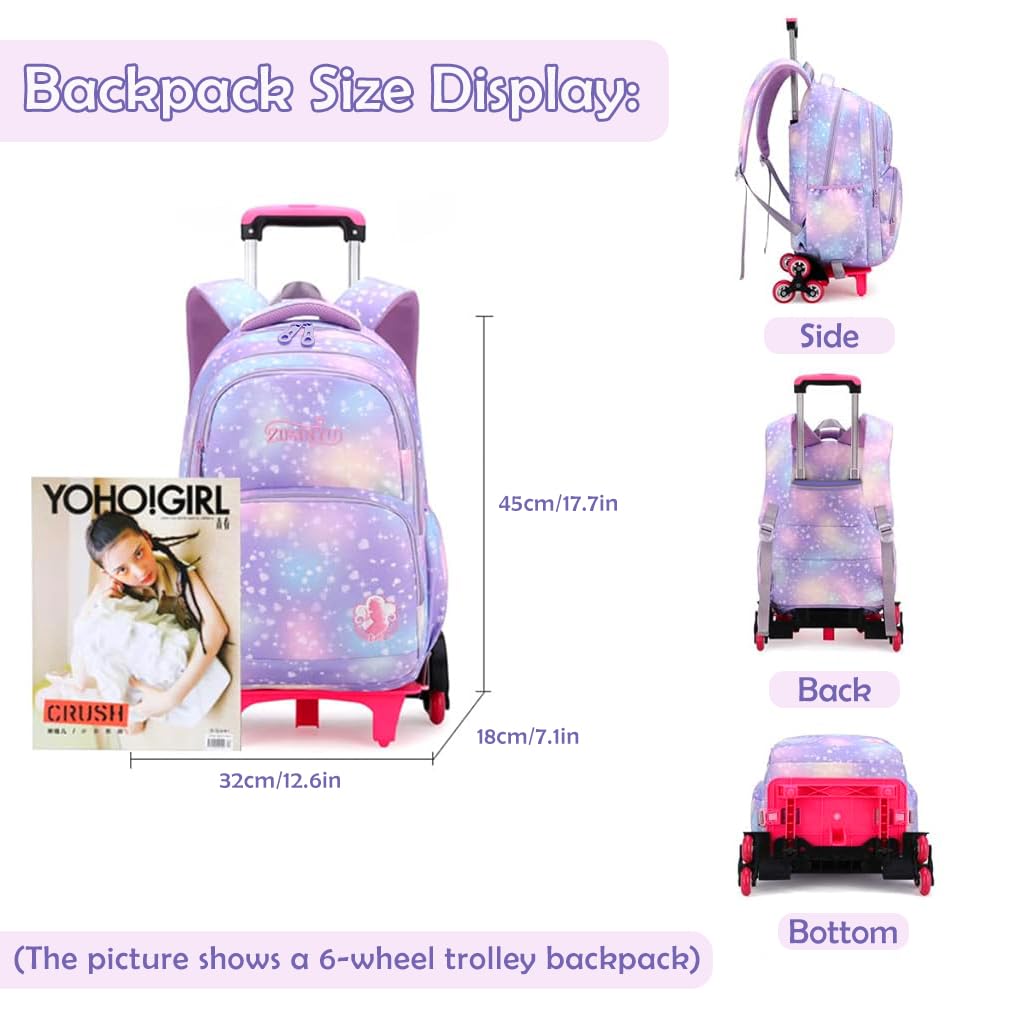 Climberty School Bag for Girls featuring 6 Wheels and Detachable Trolley Stand | Ages 7–12