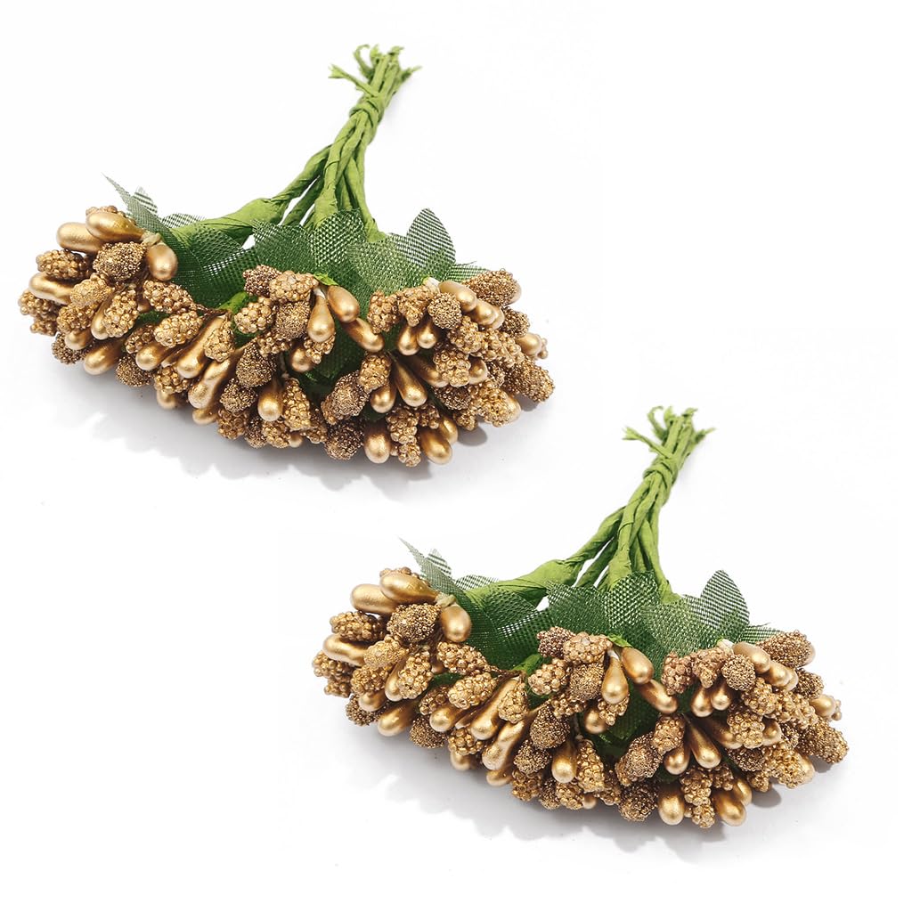 HASTHIP Artificial Flower Bunch for Weddings and Home Decor with 12 Branches & 80mm Length | Featuring Gold Beads and Green Mesh Design