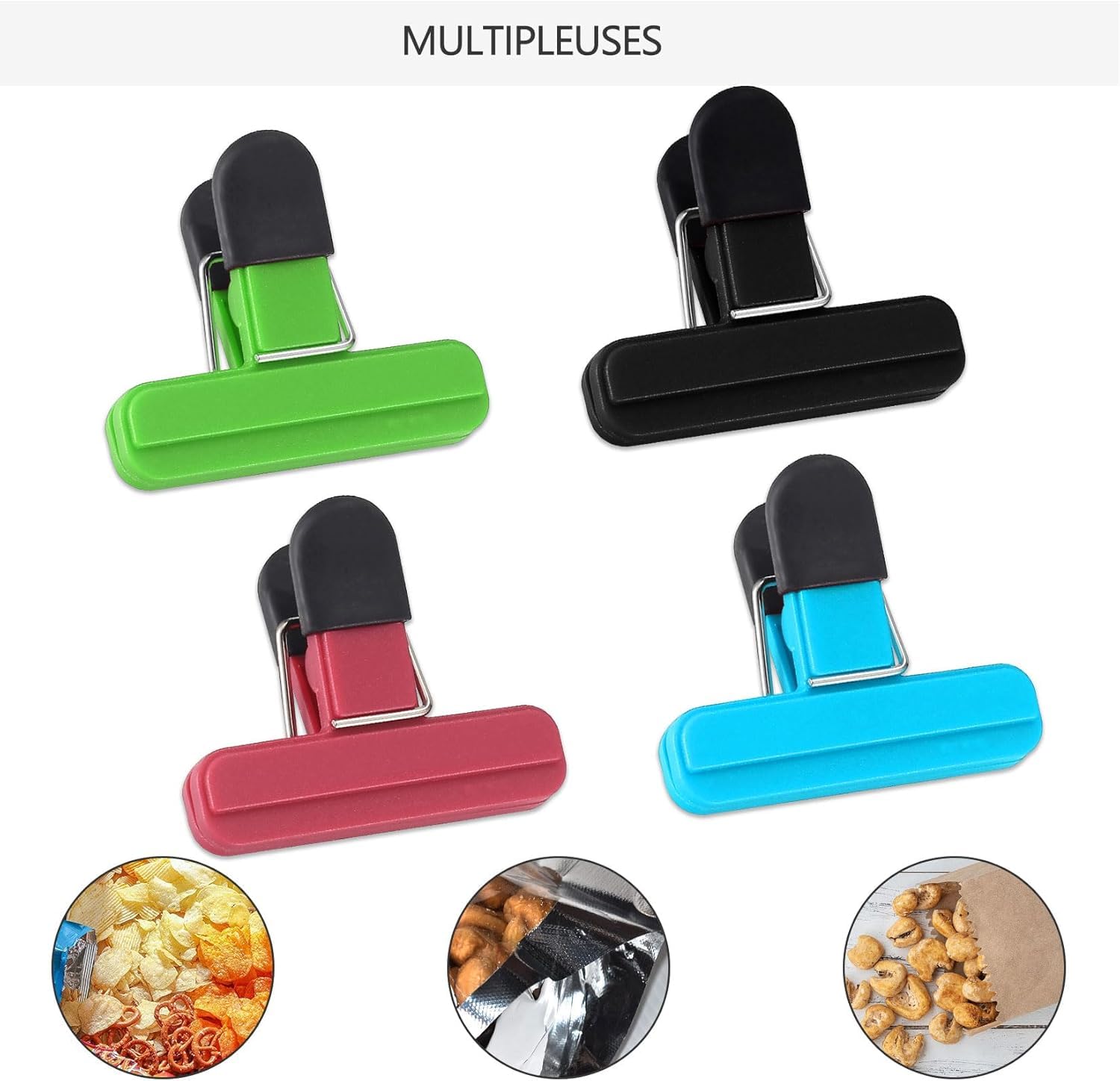 Zibuyu Food Bag Clips Set for Kitchen and Office with 12 3in Clips featuring Spring Seal | Colorful Anti Slip Rubber Handles