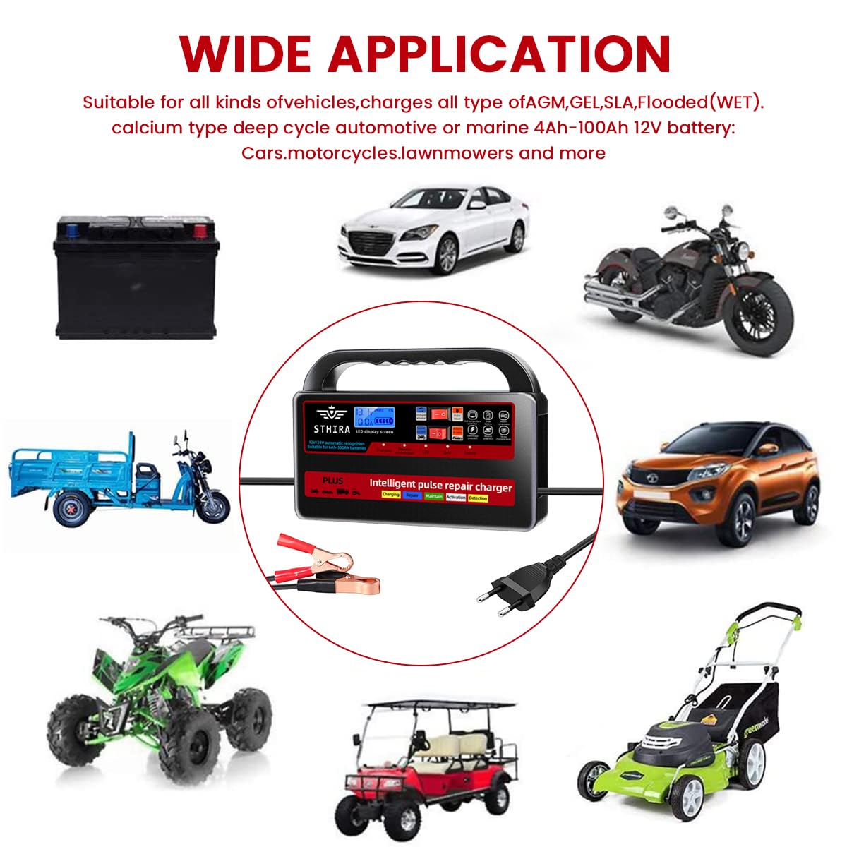 STHIRA Intelligent Pulse Battery Charger for 12V and 24V Lead Acid Batteries | LCD Display and Auto Shut Off