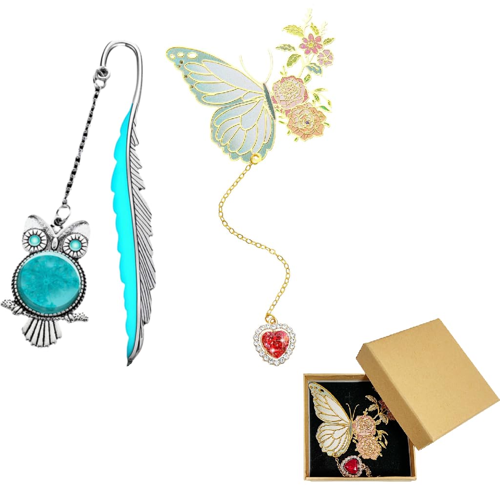 HASTHIP Metal Feather Bookmark for Books with Glow in the Dark Butterfly Chain | Zinc Alloy 11.5cm