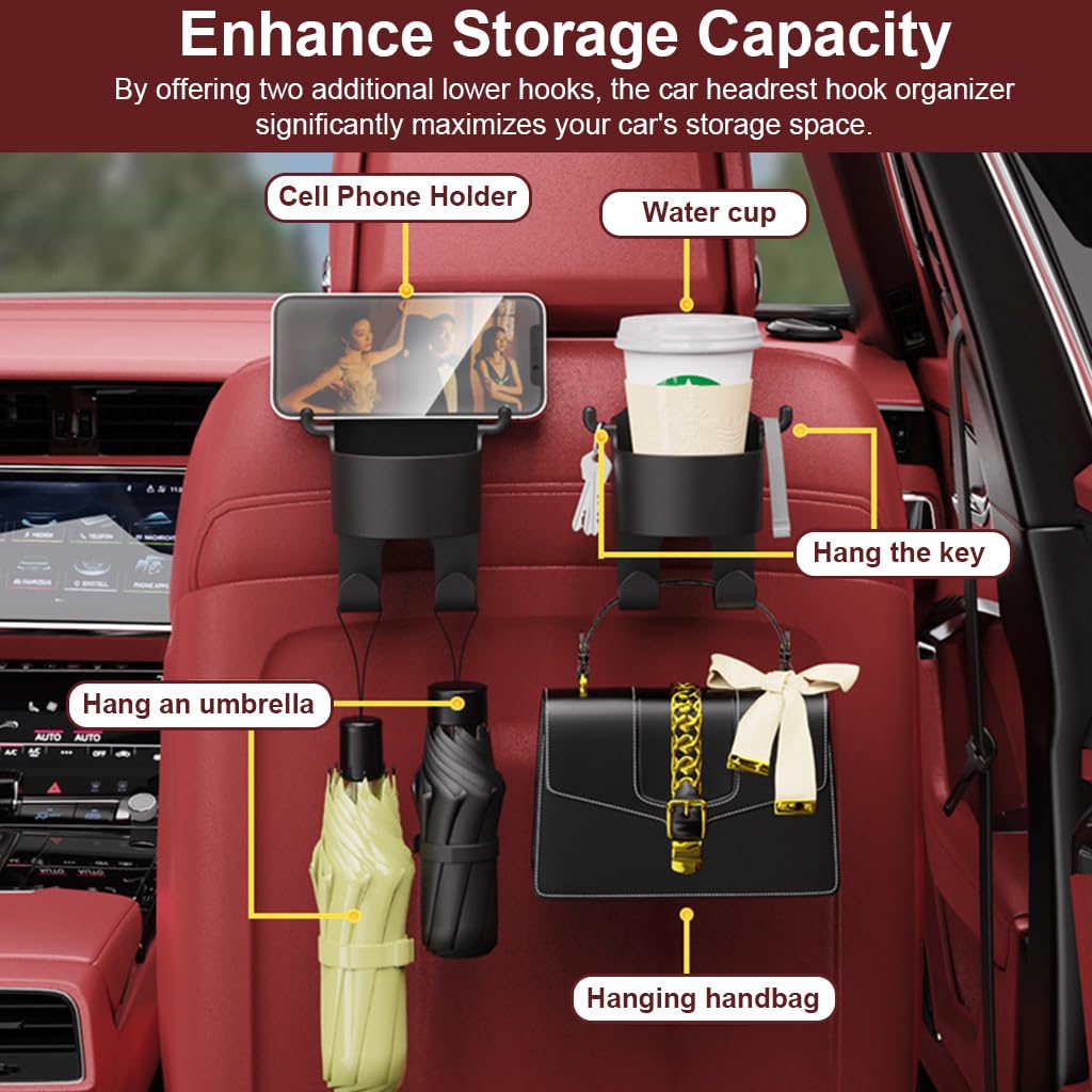 STHIRA Car Organizer Hanger for Headrest with Dual Hooks and Cup Holder | 2Pcs Plastic Set