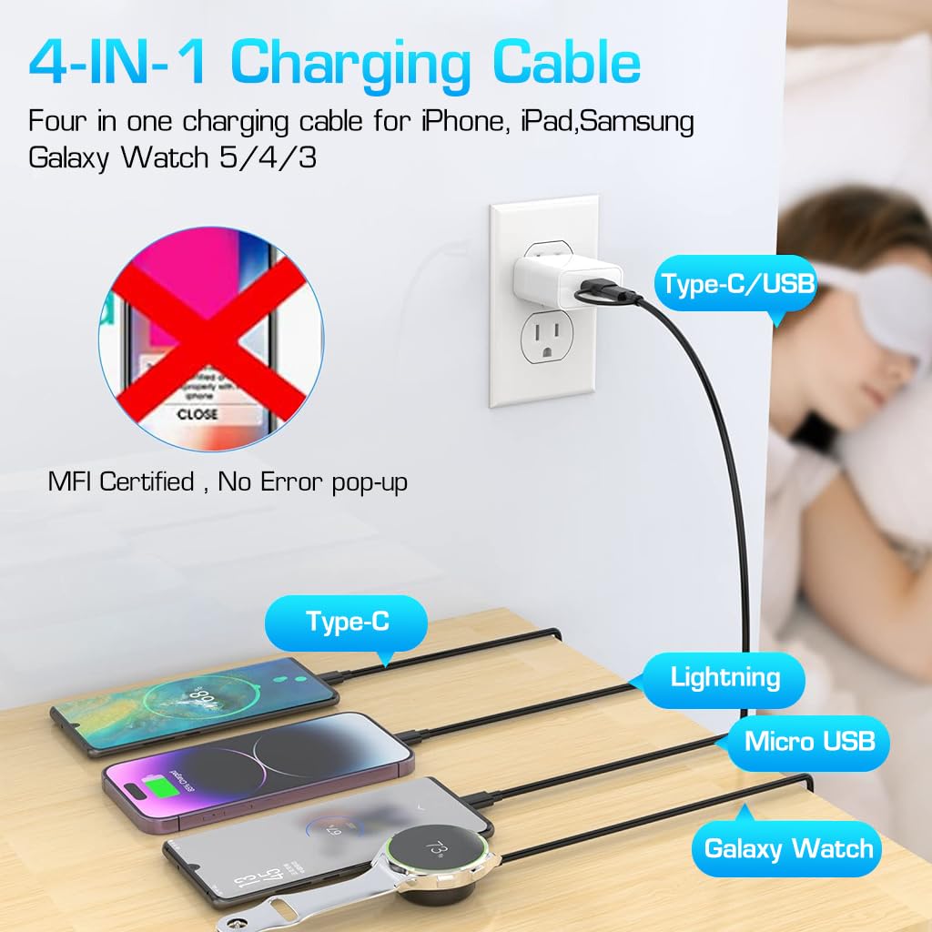 ZORBES Multi USB Charging Cable 4 in 1 for Travel with Wireless Watch Charger | 3.9ft PC Material
