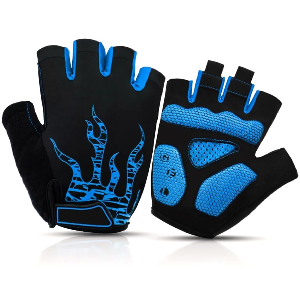 Proberos® Cycling Gloves with Cushion Gel Palm Pads Breathable Fingerless Anti-numbness Cycling Gloves Fashion Print Fingerless Gym Gloves for Cycling/Weight Lifting/Motorcycling, XXL, Blue