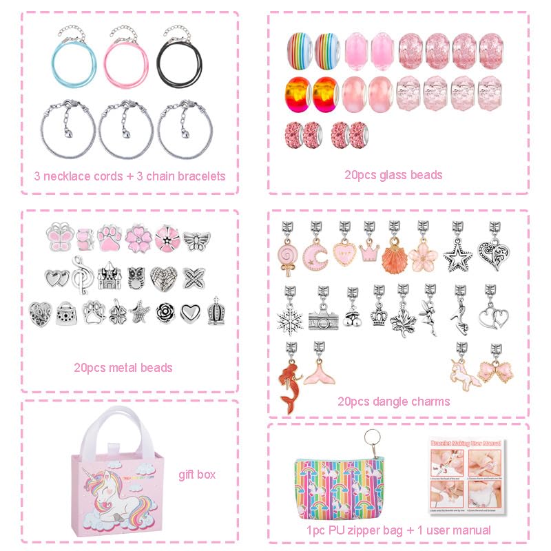 SANNIDHI Charm Bracelet Making Kit for Girls with 61 Beads and Pendants | Unicorn & Mermaid DIY Jewelry Set