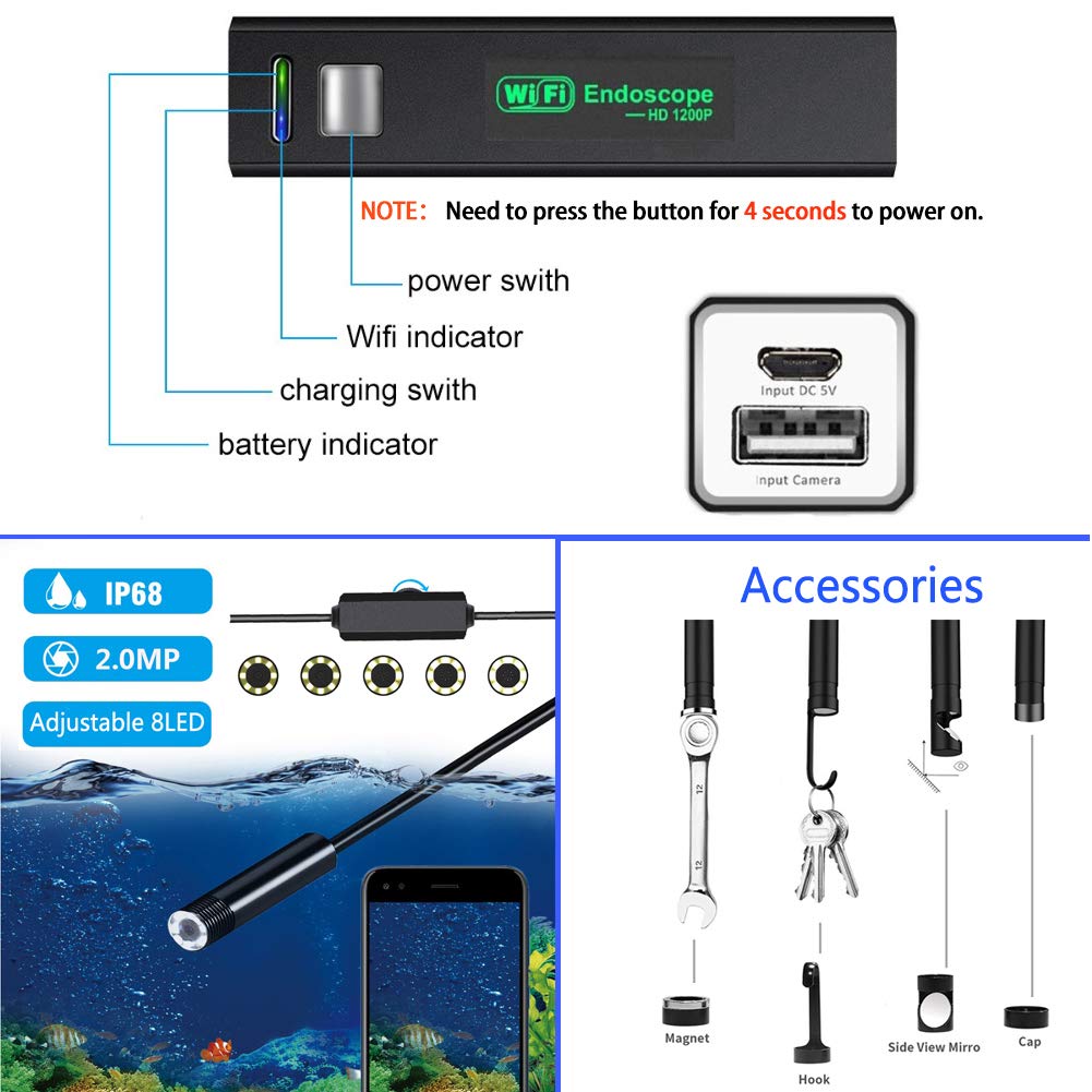 Verilux Endoscope Camera with 1200P HD Inspection and IP67 Waterproof WiFi Borescope 5m Cable