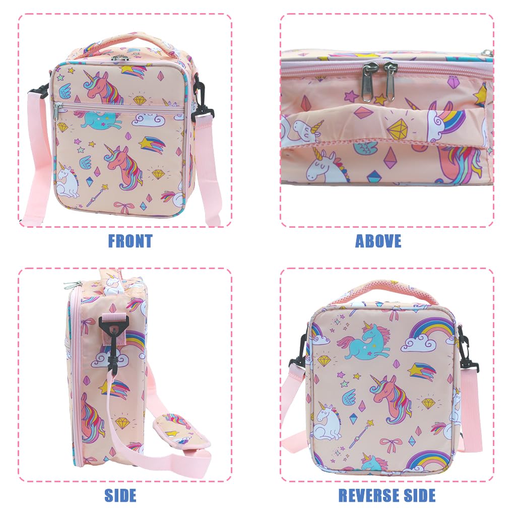 HASTHIP® Lunch Box for Kids Girls Insulated Lunch Bag, Pocket Pink Unicorn Print Thermal Lunch Tote Bag with Shoulder Strap for School Thermal Meal Small Lunch Tote Toddler Rainbow Lunchbox