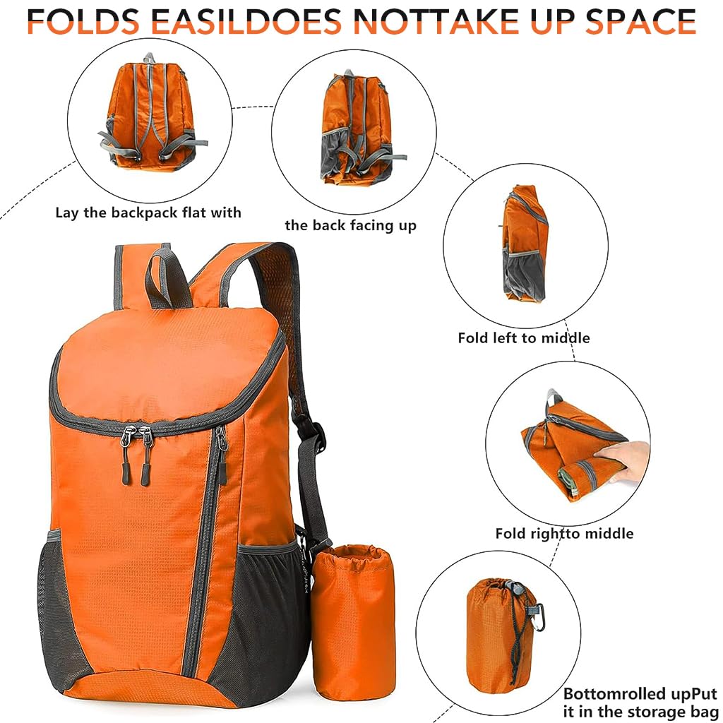 Venzina Travel Backpack for Hiking and Camping with 20L Capacity and Foldable Design | Lightweight Water Resistant Orange Bag