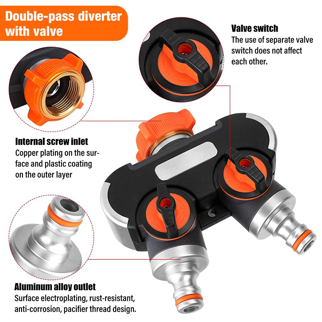 Supvox Garden Hose Connector for 3/4 and 1/2 Inch Taps featuring 2 Way Splitter with Dual Switches