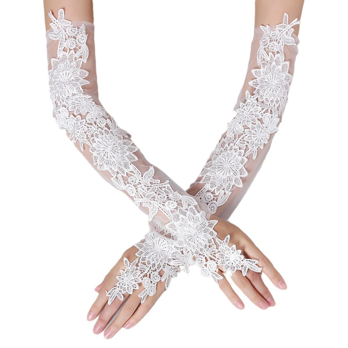 PALAY® Lace Gloves Wedding Gloves for Bride, Elbow Length Bridal Gloves, Flower Jacquard Tulle White Gloves for Women, Elegant Banquet Sleeve White Gloves for Wedding