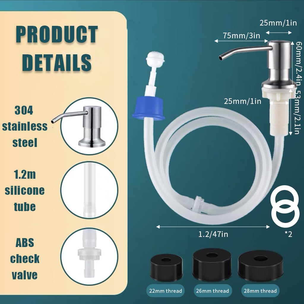 HANNEA Soap Dispenser for Kitchen Sink with 47 in Tube featuring 360° Rotatable Pump | 304 Stainless Steel