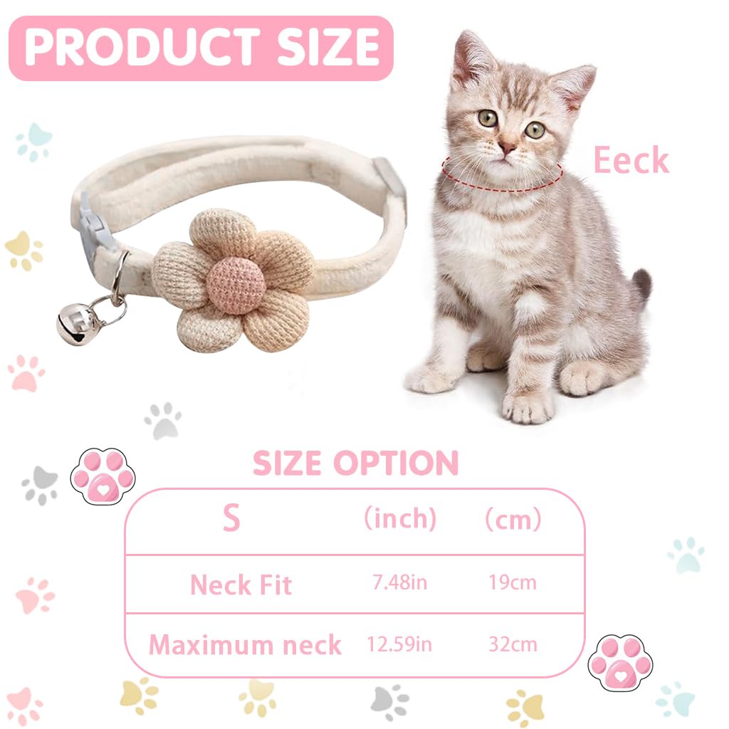 Qpets® Cat Collar, Pet Collar Cute Flower Cat Collar with Bell, Lovely Cat Collar Quick Release Adjustable Cat Collar Soft Plush Collar Cat Gift, Beige