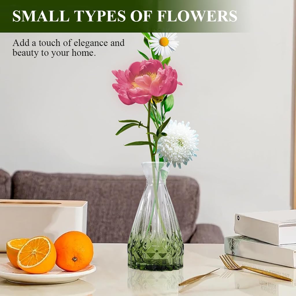 HASTHIP Glass Vase Set for Flower Arrangement featuring 10 Retro Embossed Designs | Transparent Green Gradient Decor