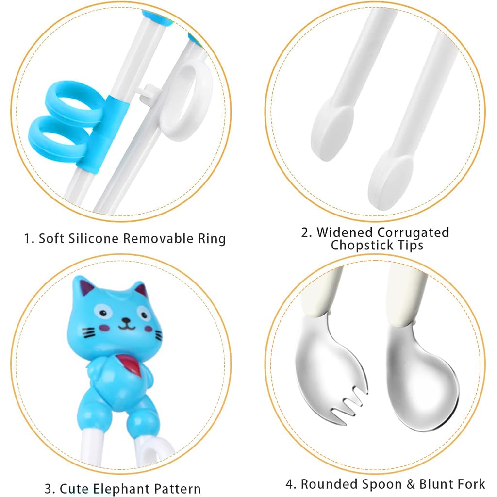 SNOWIE SOFT® Training Chopsticks for Kids, Stainless Steel Fork and Baby Feeding Spoons for 6 to 12 Months, Chopsticks for Beginners Weaning Spoons Toddler Flatware Sets Tableware Christmas Gifts Blue