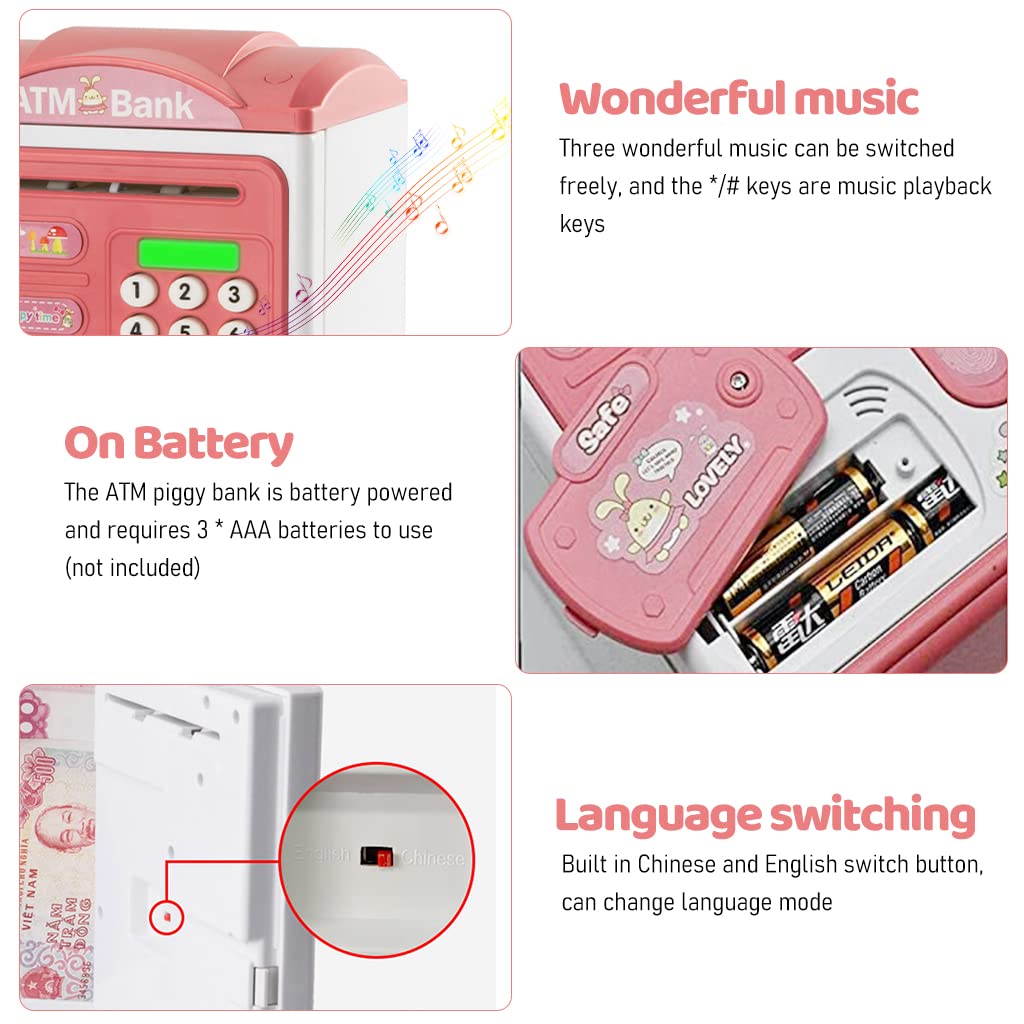 PATPAT® Electronic ATM Piggy Bank for Kids, Money Bank with Password and Fingerprint Lock, Automatic Paper Money Saving Box with Music, Gift Toy for Kids Boys Girls Children's Day Gift, Pink