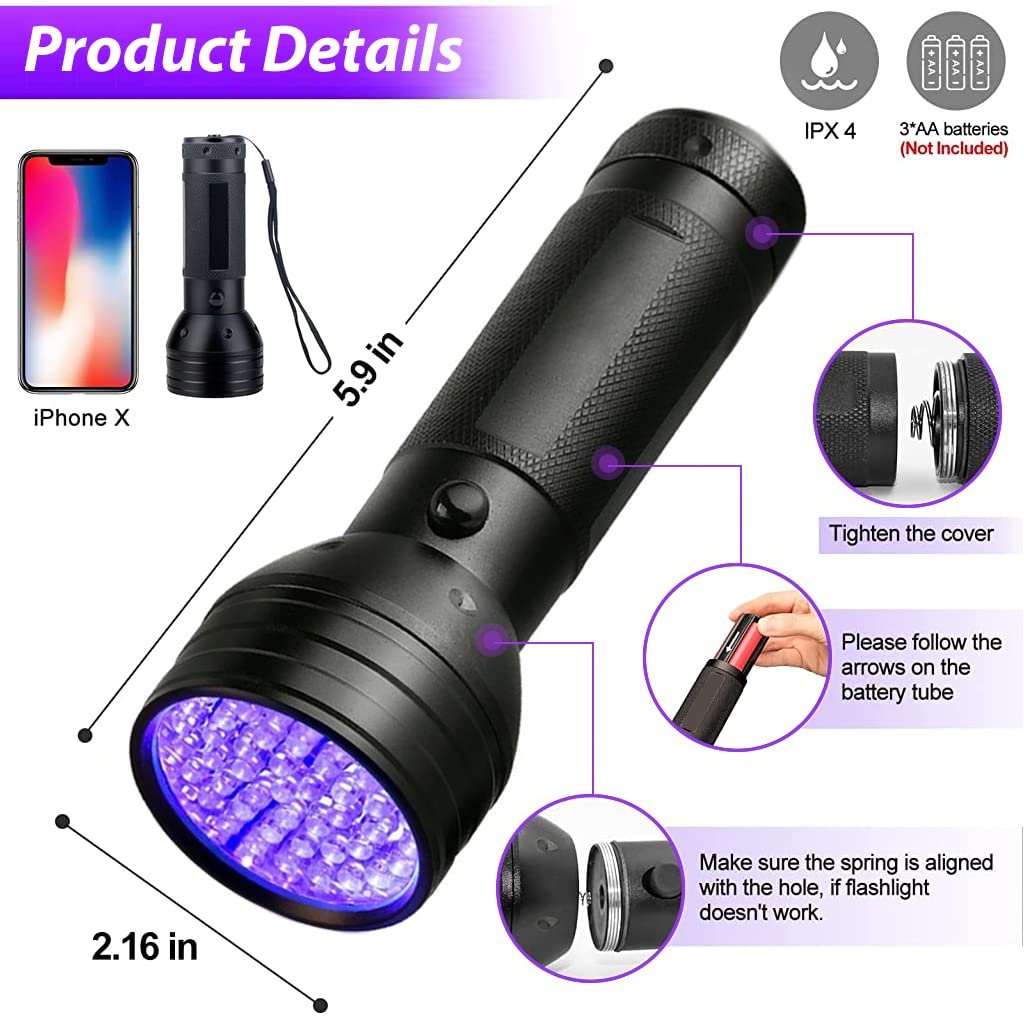 Qpets UV Flashlight for Pet Urine Detection featuring 51 LEDs and Aluminum Alloy Body | Compact 14.5 cm Torch