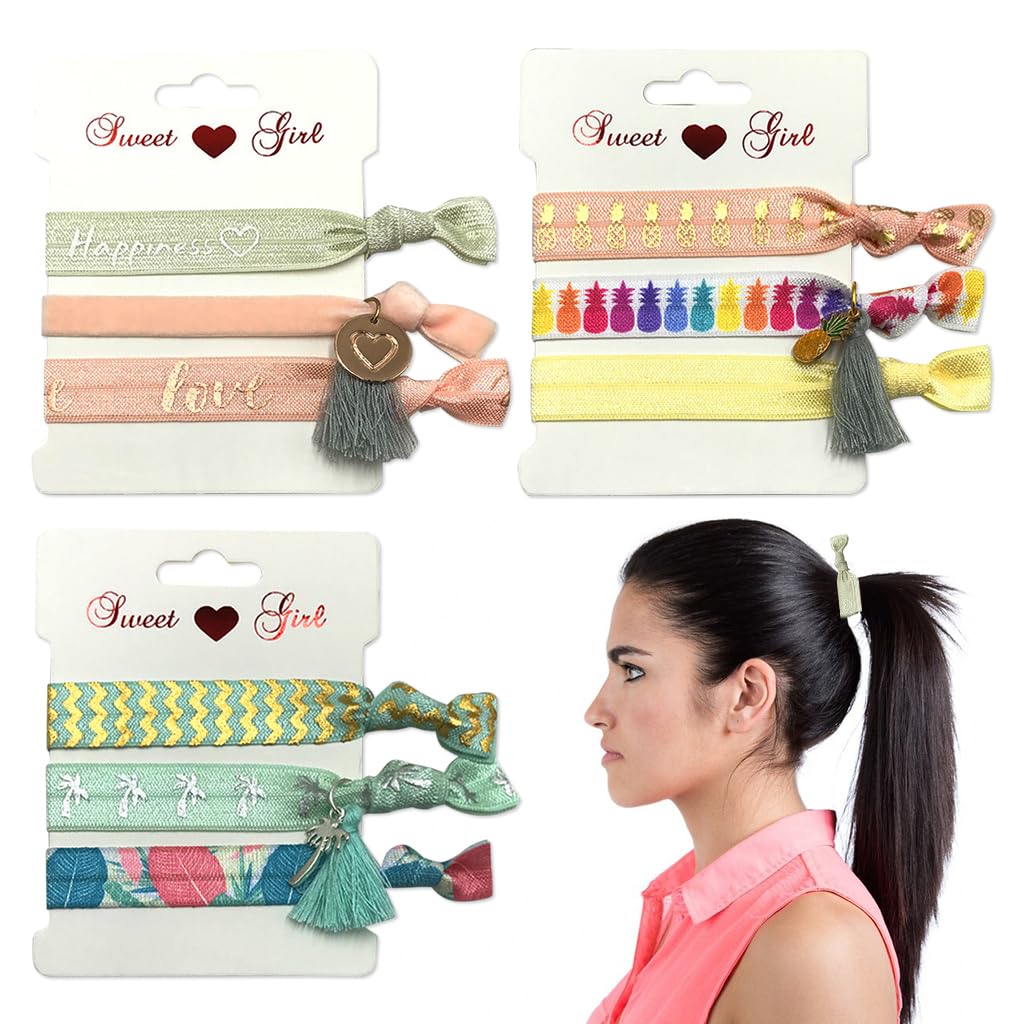 PALAY Hair Ties for Women with 9 Elastic Ribbon Bands featuring Cute Prints and Charms | Ponytail Holders and Friendship Bracelets
