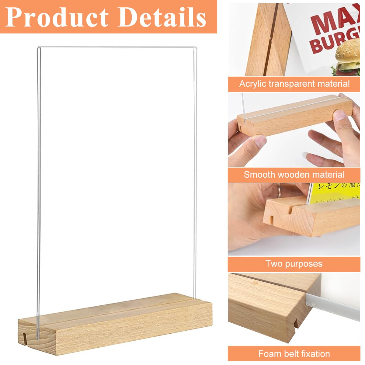 Climberty Sign Holder for Reception and Restaurant with Reversible Wooden Base 9PCS | Clear A5 Acrylic Vertical Display Stand
