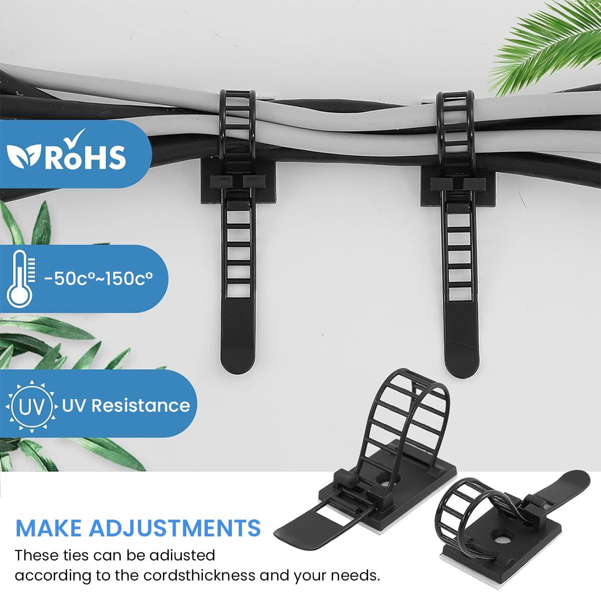 ZORBES Adjustable Cable Ties for Desk and Wire Management with Self Adhesive Base 50 pcs | Releasable Reusable Nylon 3.5 in Holders