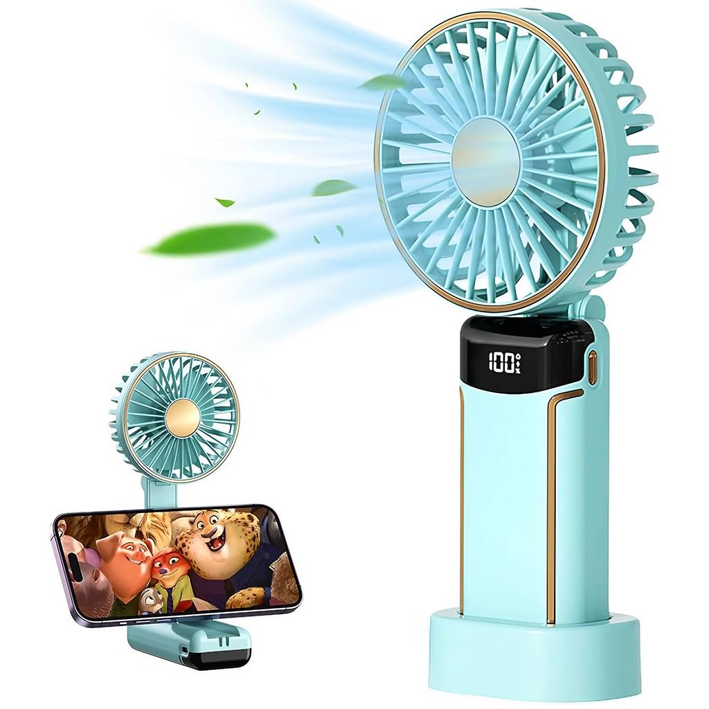 Verilux® Handheld Fan Portable Fan, 2400mAh Rechargeable Mini Hand Held Fan Foldable Desk Fan with 5 Speeds LED Display Personal USB Fan for Travel Home Office (Green)