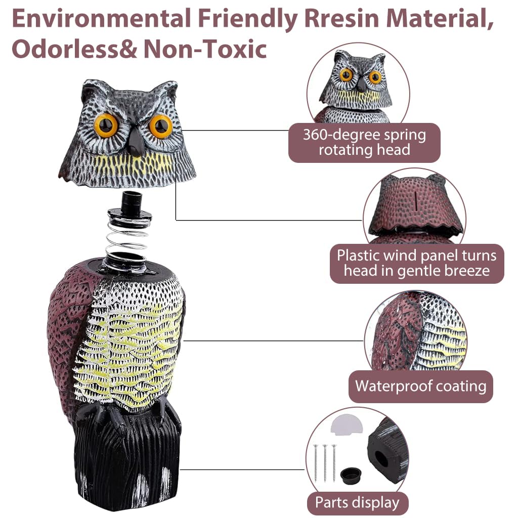 HASTHIP Bird Repellent Devices for Balcony and Garden featuring 360 Degree Rotating Owl Head | Plastic Outdoor Pigeon Deterrent Decor