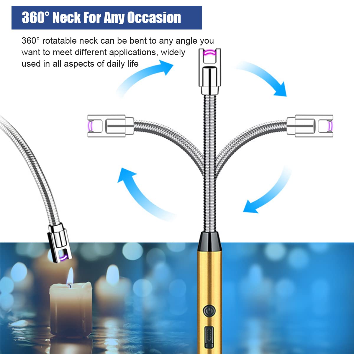 Supvox USB Rechargeable Electric Gas Lighter for Kitchen and Candles featuring 360° Flexible Neck | Gold