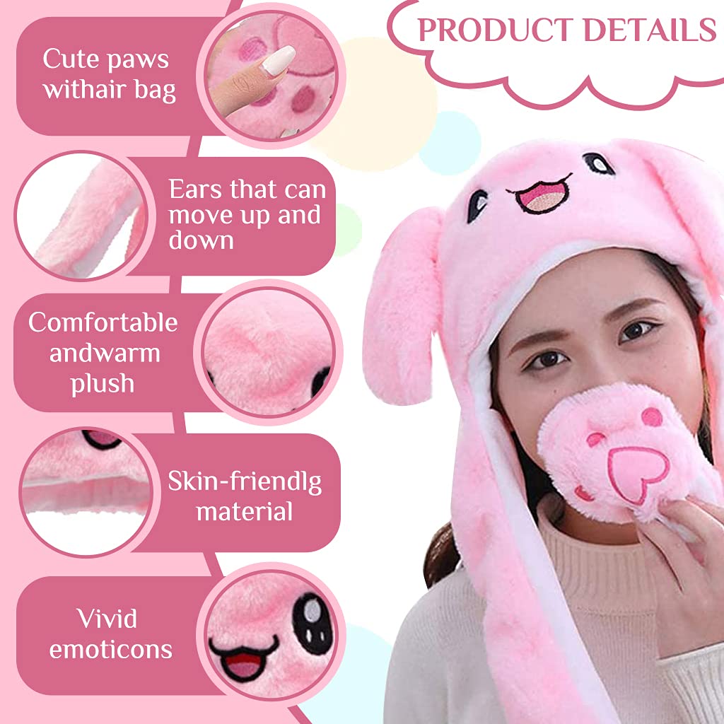 PATPAT Plush Animal Bunny Hat for Girls Women and Kids with Moving Ear Flaps | Soft Pink