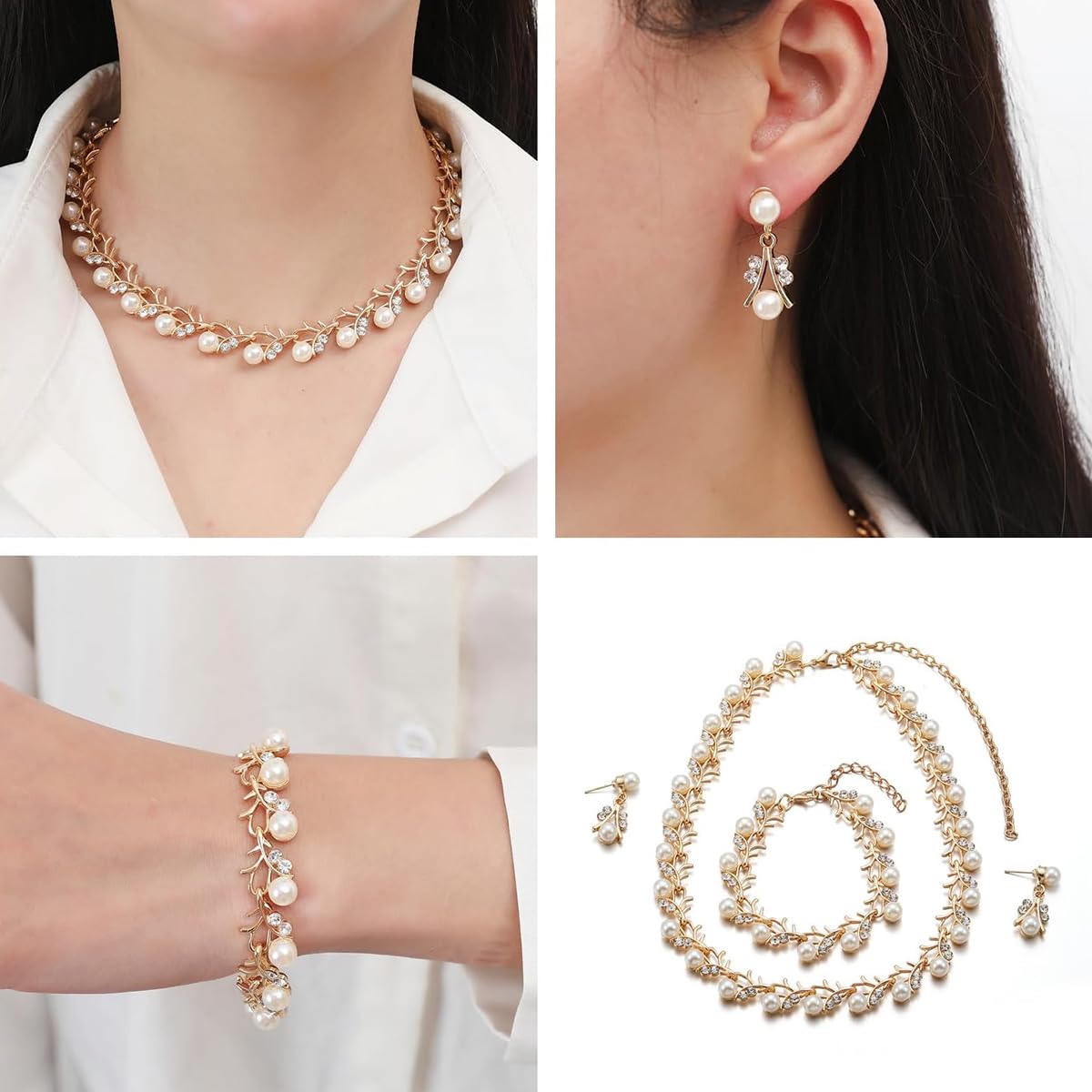 SANNIDHI Jewelry Set for Women with Faux Pearl and Rhinestone Design | Necklace Bracelet Earrings Combo for Wedding or Party