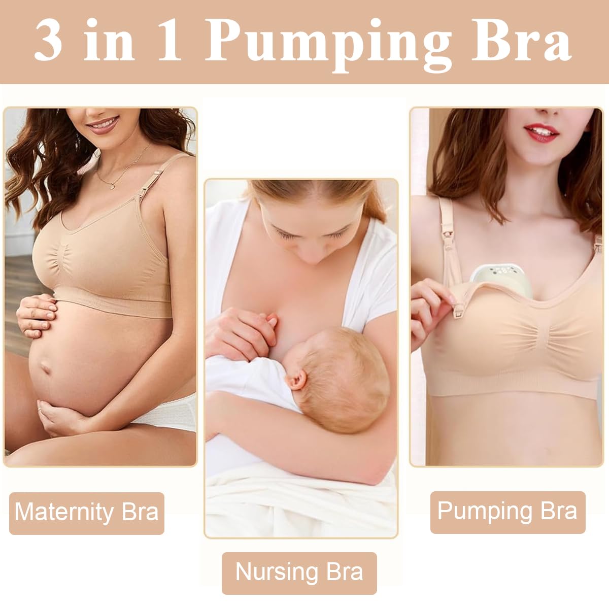 PALAY® Breastfeeding Bra Nursing Bra for New Moms Easy Release Clasp Design Breathable Nylon Nursing Bra Detachable Bra Cups Seamless Breastfeeding Bra, Beige, XXL