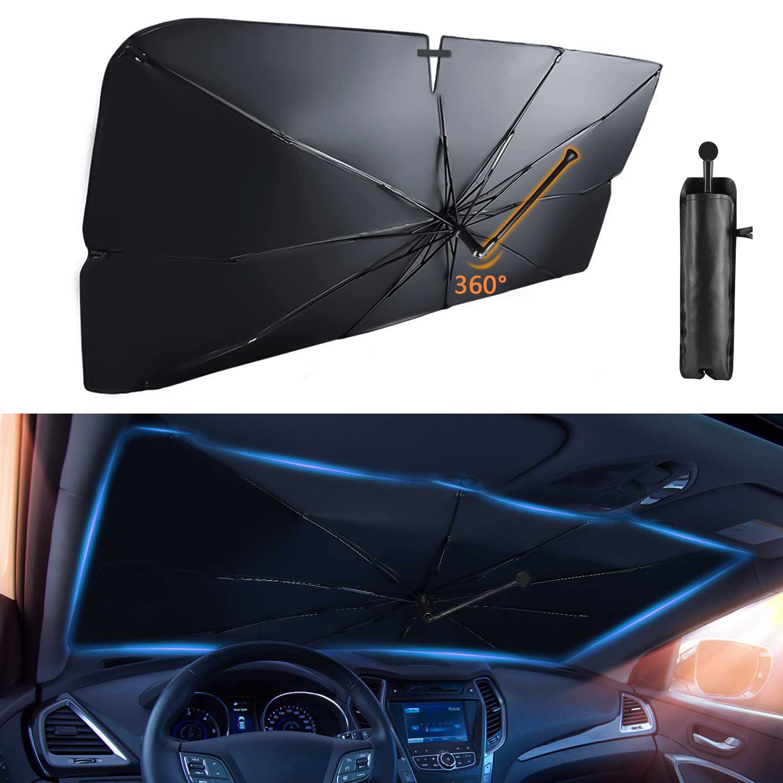 STHIRA® 2024 Upgraded Sunshade Car Windshield Umbrella with 360° Bendable Handle for Protect Car Interior, Full Cover Shade UV/Block Heat