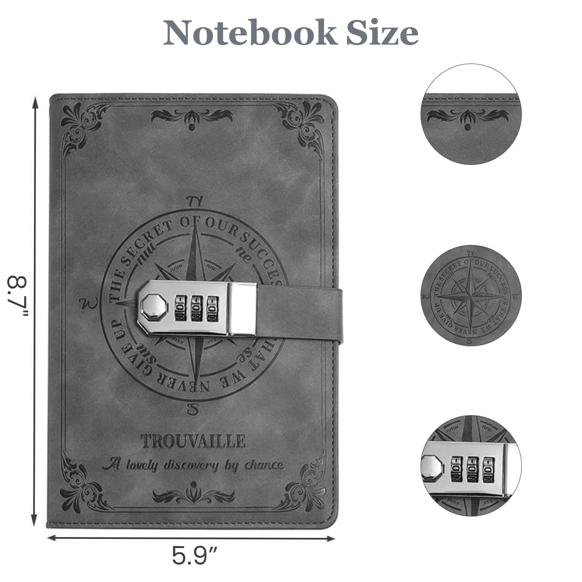 HASTHIP Diary with Lock for Writing and Travel featuring 3‑Digit Password Lock | 200 Pages A5 PU Leather Notebook Grey 2 PCS