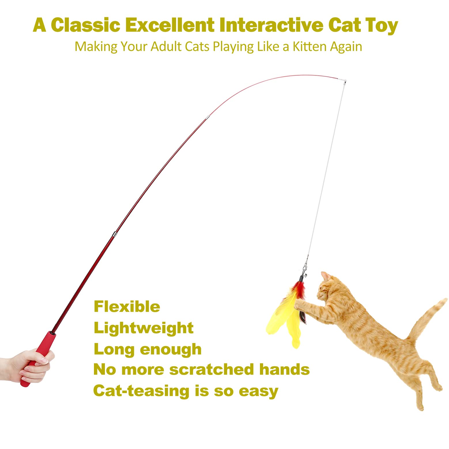 Qpets® Cat Teaser Toy, Feather Toy for cat 11 Pcs Cat Toy Set with 2 Retractable Teaser Wand & 5 Feather Teaser Toy & 4 Worm Teaser, Interactive Cat Toys for Kitten to Play Chase Activity Exercise