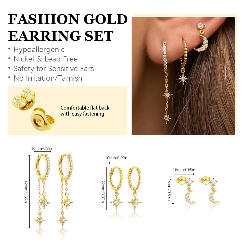 SANNIDHI Earrings Set for Women featuring 3 Pairs Gold Plated Stud Hoop Moon and Star | Multiple Piercing Combo