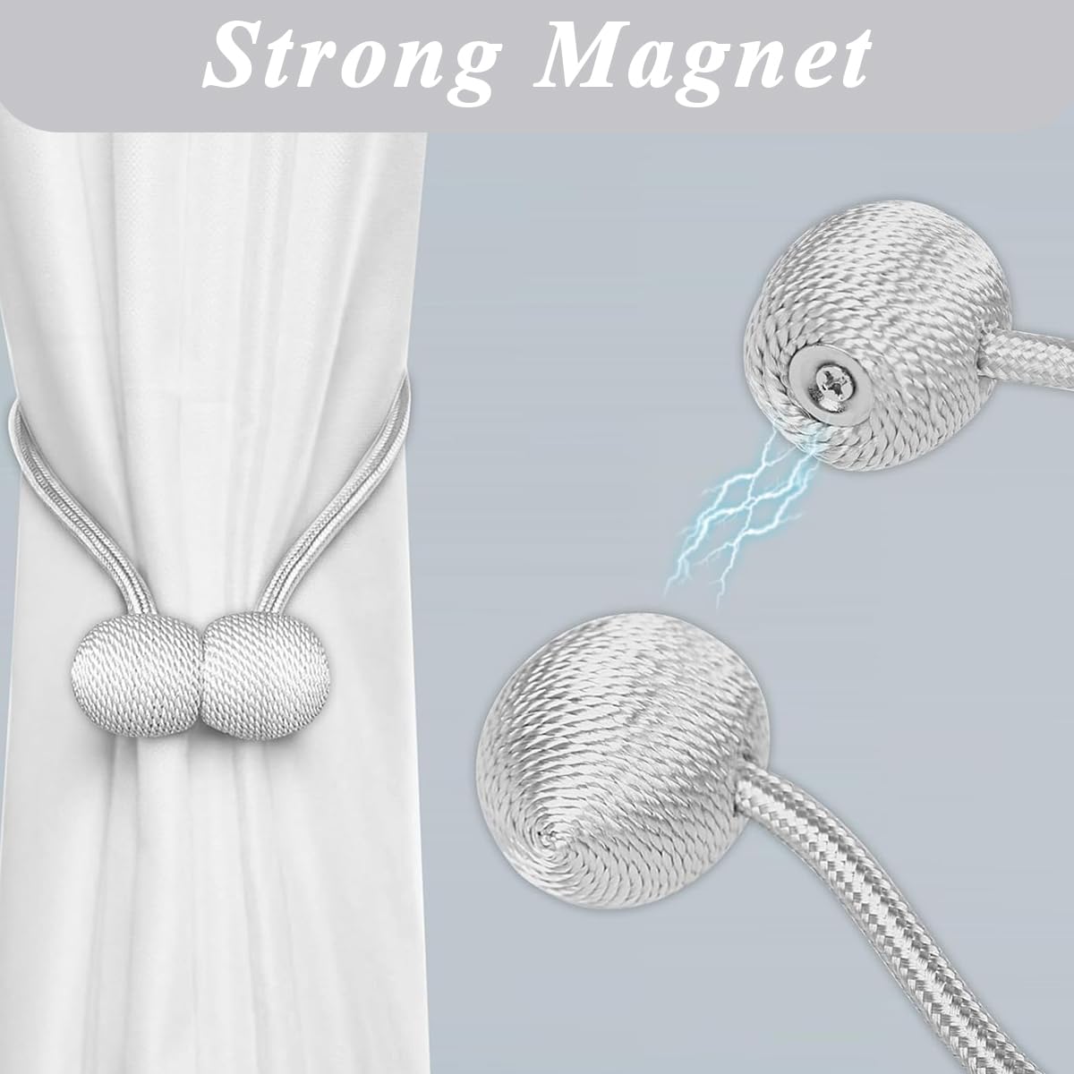 HASTHIP Magnetic Curtain Tiebacks for Home and Office with 40cm Rope and 3.3cm Balls | Grey