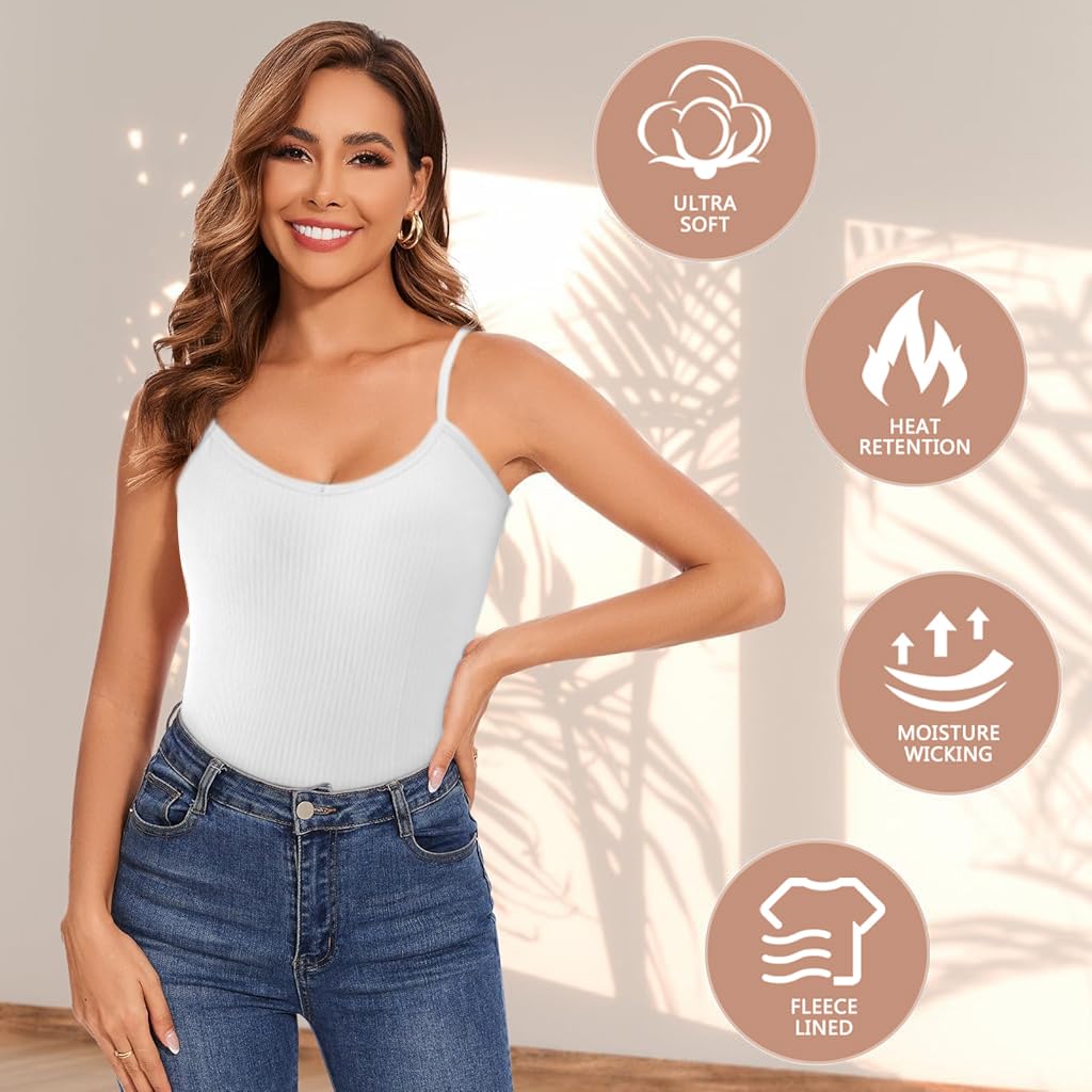 Zibuyu Thermal Top for Women featuring V Neck Fleece Lined Cotton Base Layer | White