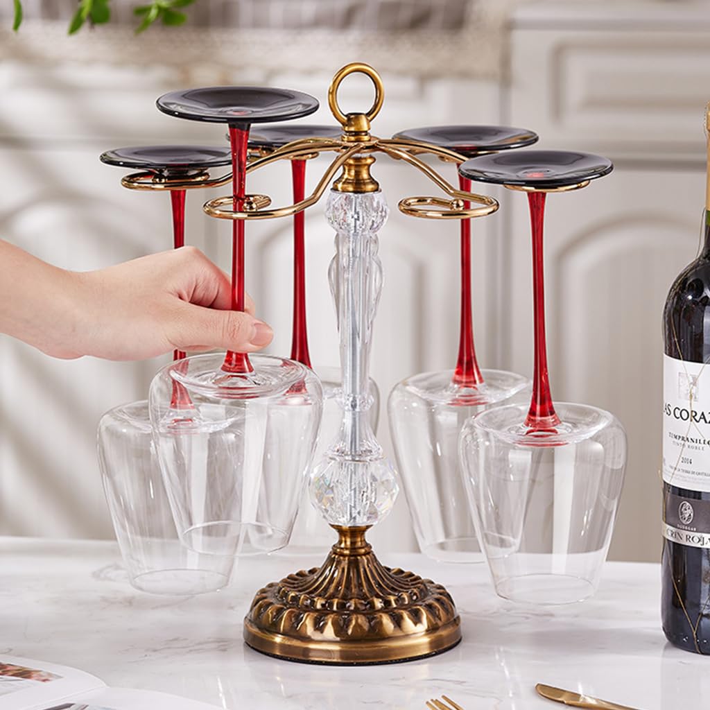 Supvox Metal Wine Glass Holder for 6 Goblets featuring Spiral Hooks and Crystal Pole | Gold Stainless Steel Countertop Rack 26x32 cm