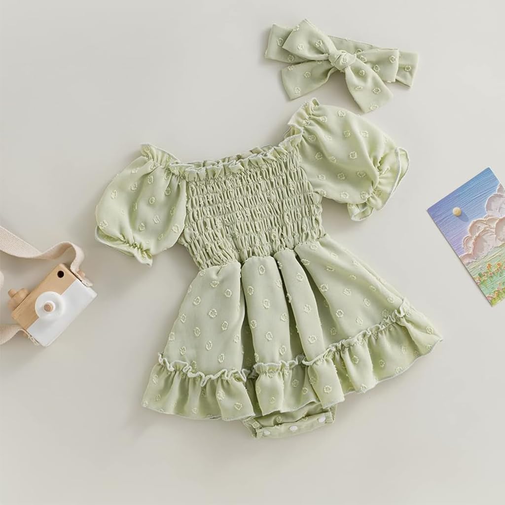 SNOWIE SOFT Baby Dress Bow Headband Set Infant Girls Romper Dress Light Green Princess Baby Dress Short Sleeve Ruched Jumpsuits Skirts Hem Bodysuits Baby Shower Gift for Infant Girls 3-6 Month