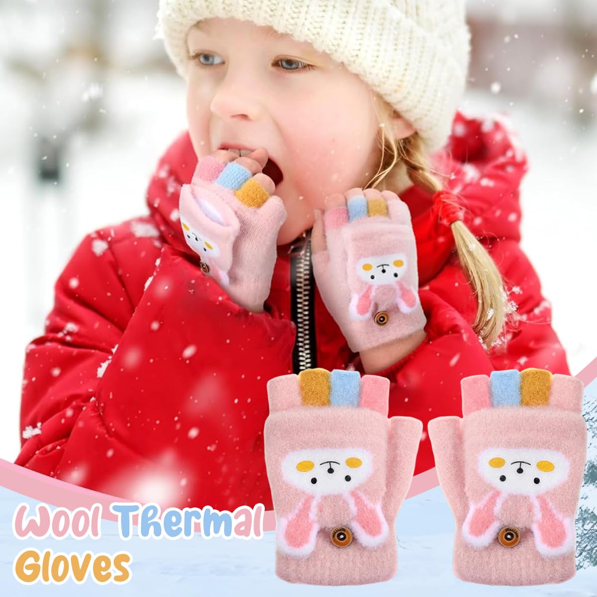 PATPAT Pink Bunny Flip Winter Gloves for Girls 4–12 with Finger Guard Flap | Soft Plush Half Finger Mitts for Outdoor Fun