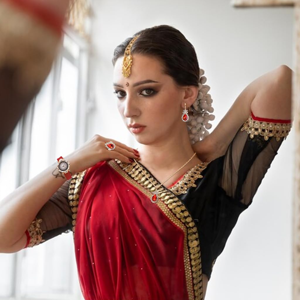 SANNIDHI Jewellery Set for Women with 5pcs Watch Necklace Ring and Earrings | Red Rhinestone Gift Ensemble