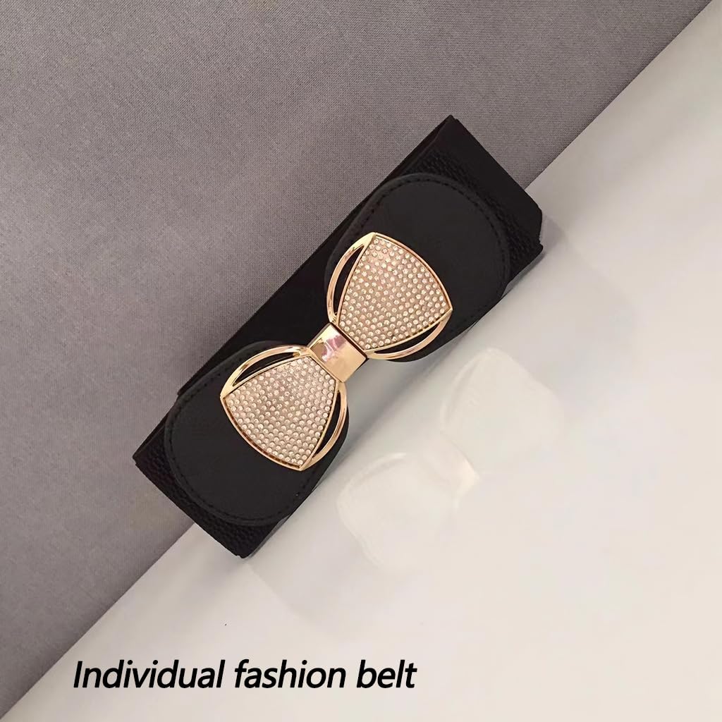 Zibuyu Wide Elastic Belt for Women featuring Gold Bowknot & Diamond | Stretch 65–85cm Black Faux Leather