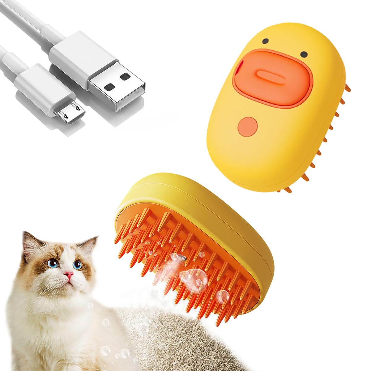 Qpets® Cat Steam Brush, Dog Steam Brush, Cartoon Steam Brush for Cat Dog, Water Brush for Dog Cat Brush, 2 In 1 Dog Hair Brush Cat Comb Pet Cleaning Brush & Massage Brush - Yellow, USB Rechargeable