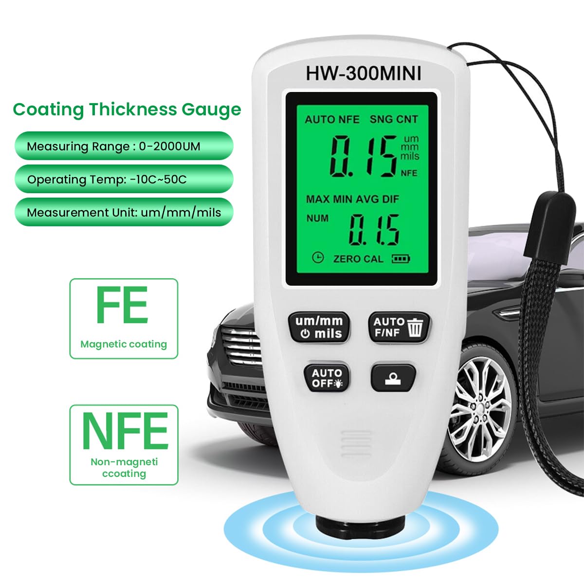 Serplex Paint Thickness Gauge for Automotive Inspection with Fe and NFe Probe 0–2000 um | LCD Display